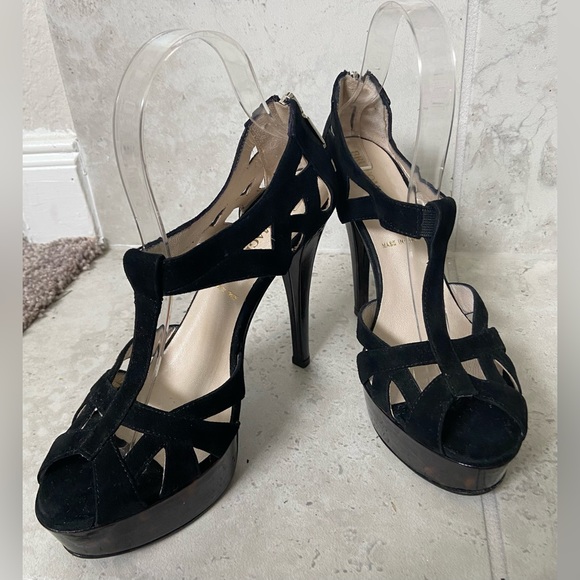 Vintage Bruno Magli Black Suede Open Toe Stiletto Platform Heels Sz 37& 1/2 US 7 - Picture 12 of 14